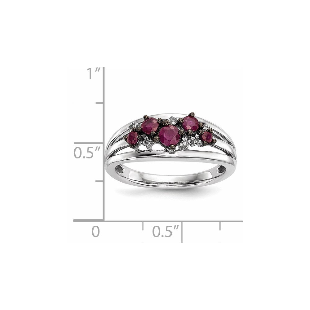 14K Weißgold Ring mit Diamanten und Rubinen, poliert