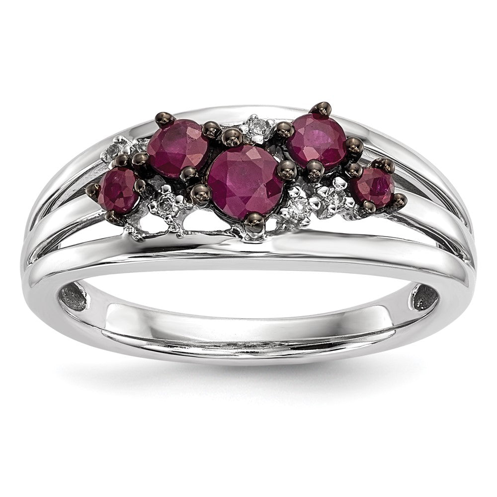 14K Weißgold Ring mit Diamanten und Rubinen, poliert