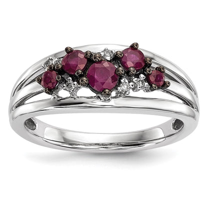 14K Weißgold Ring mit Diamanten und Rubinen, poliert