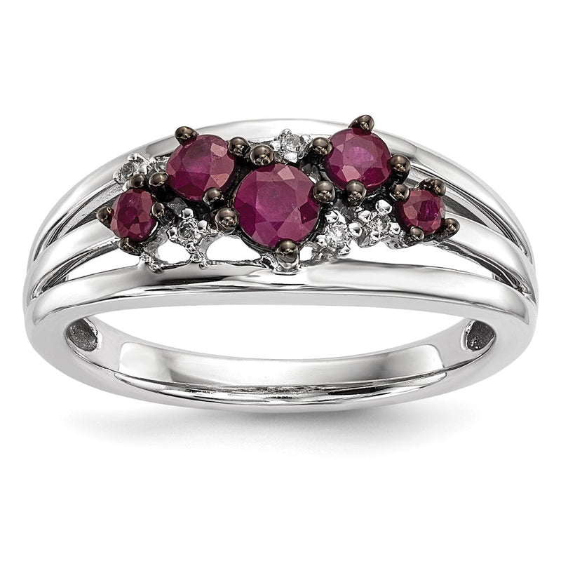 14K Weißgold Ring mit Diamanten und Rubinen, poliert