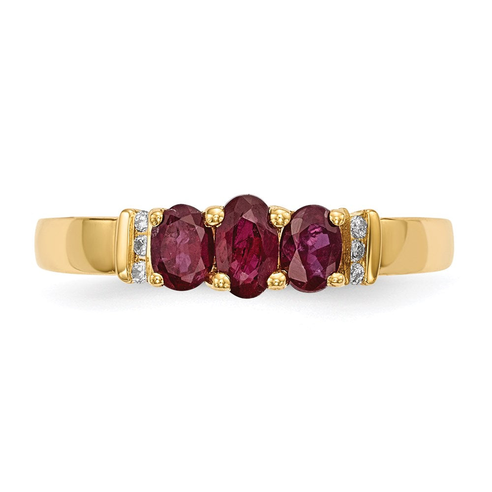 14K Gelbgold Poliert Dreifach Rubin und Echt Diamant Ring