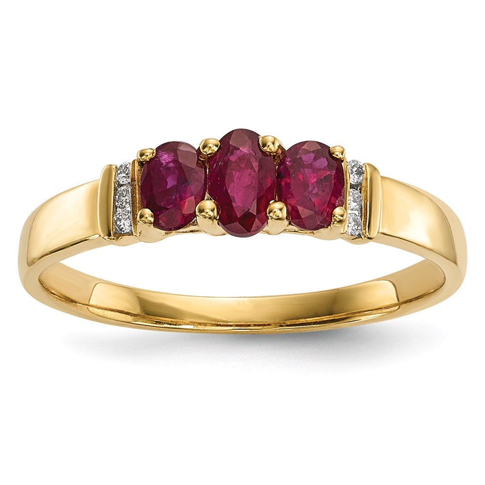 14K Gelbgold Poliert Dreifach Rubin und Echt Diamant Ring