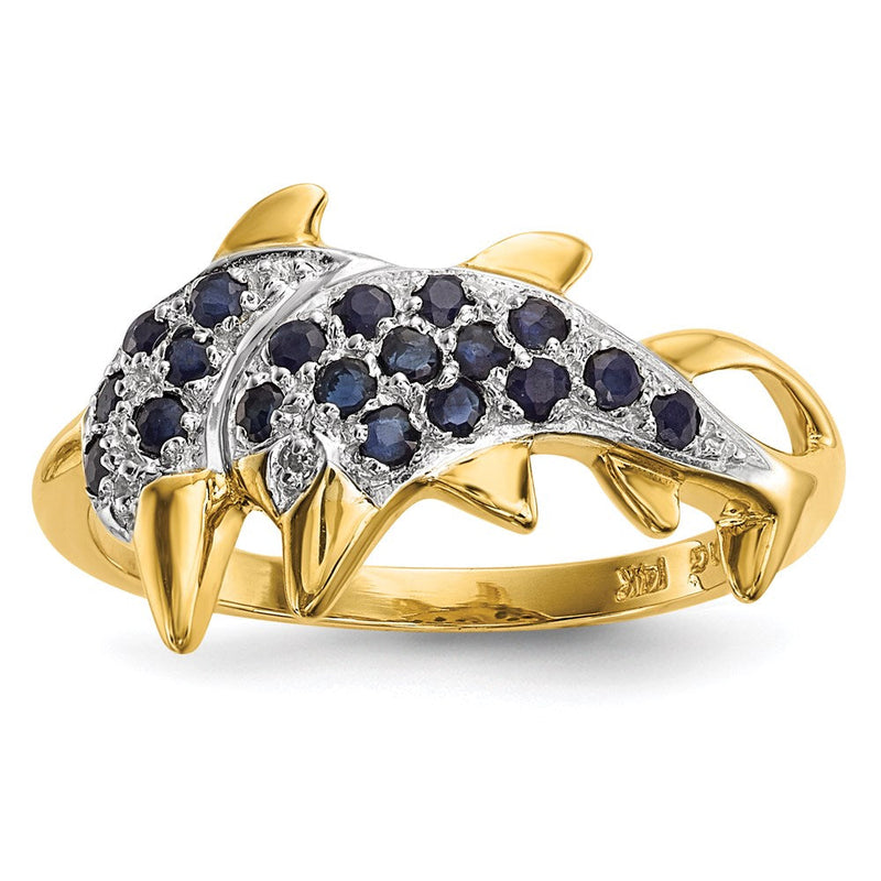 14K Gold mit Rhodium, Delfine, poliert, mit echten Diamanten und Saphiren, Ring