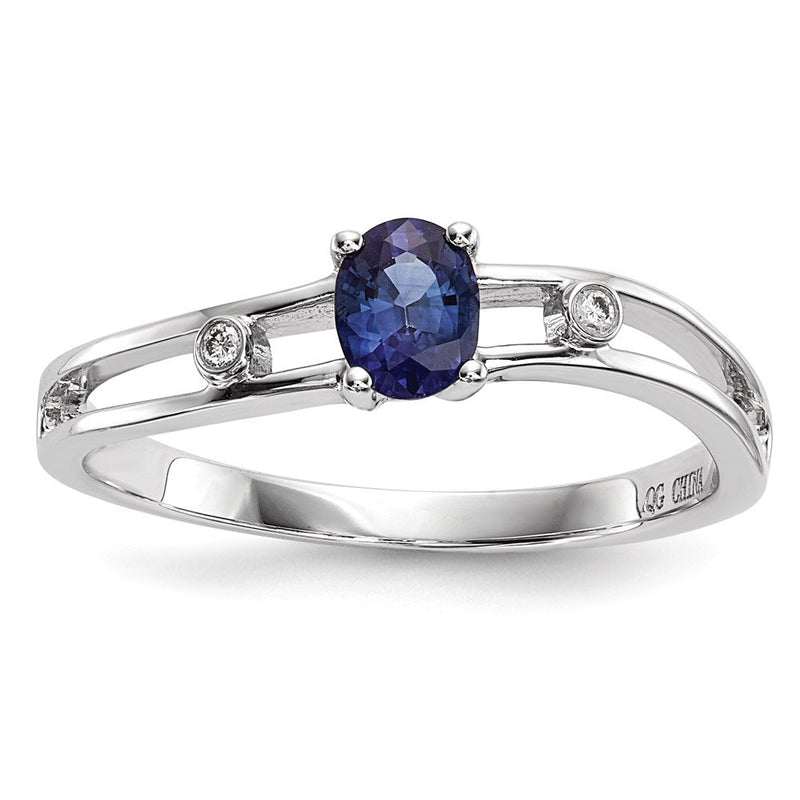 14K Weißgoldring mit blauem Saphir und Diamant