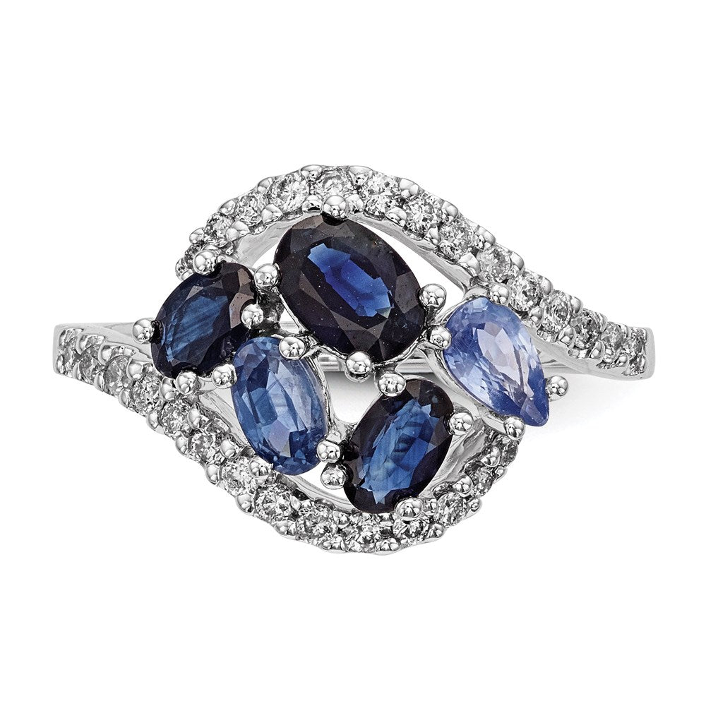 14K Weißgold Echt Diamant und Dunkel/light Blau Saphir Poliert Ring