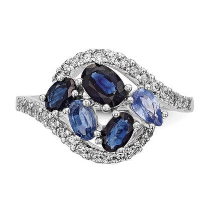 14K Weißgold Echt Diamant und Dunkel/light Blau Saphir Poliert Ring