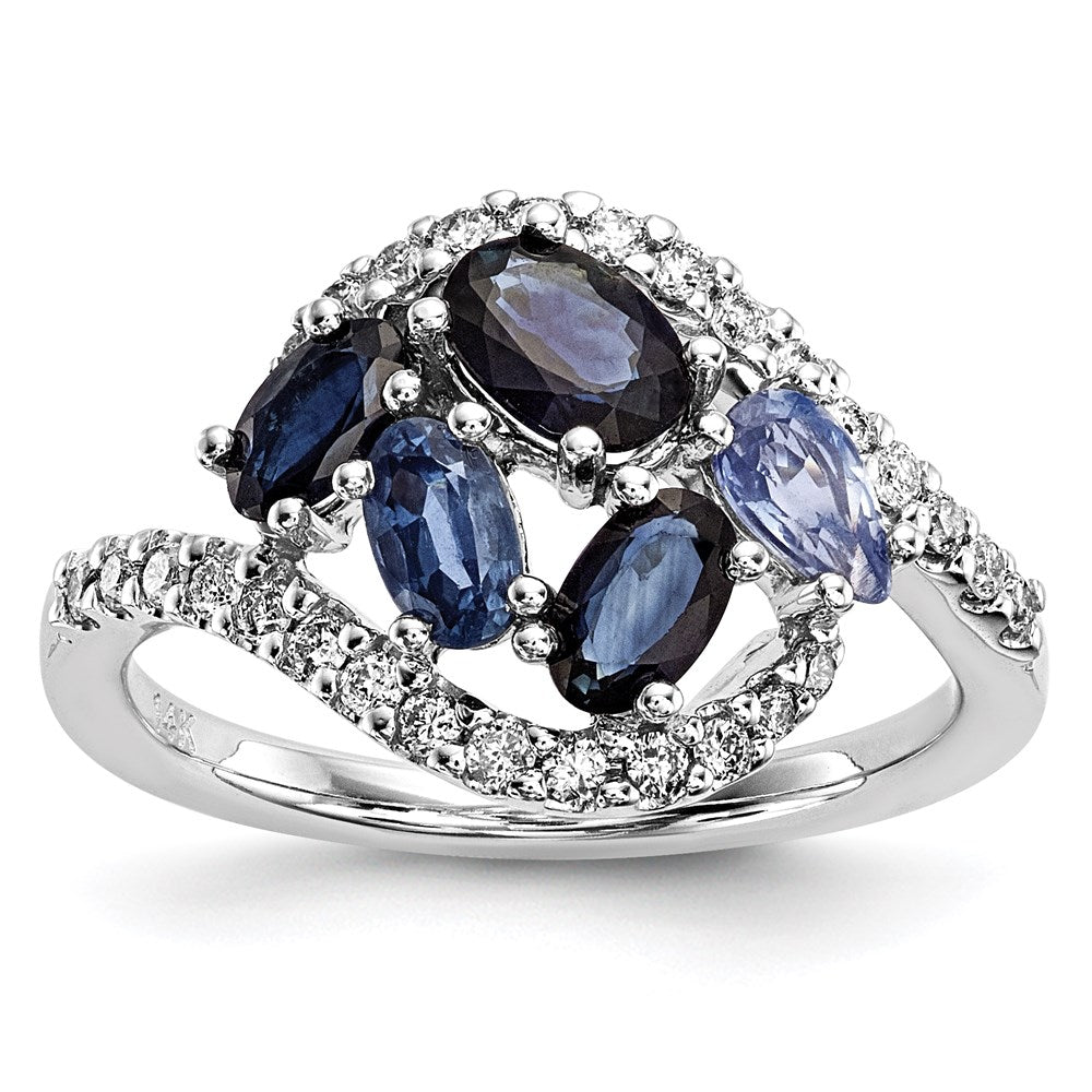 14K Weißgold Echt Diamant und Dunkel/light Blau Saphir Poliert Ring