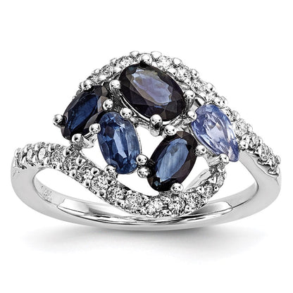 14K Weißgold Echt Diamant und Dunkel/light Blau Saphir Poliert Ring