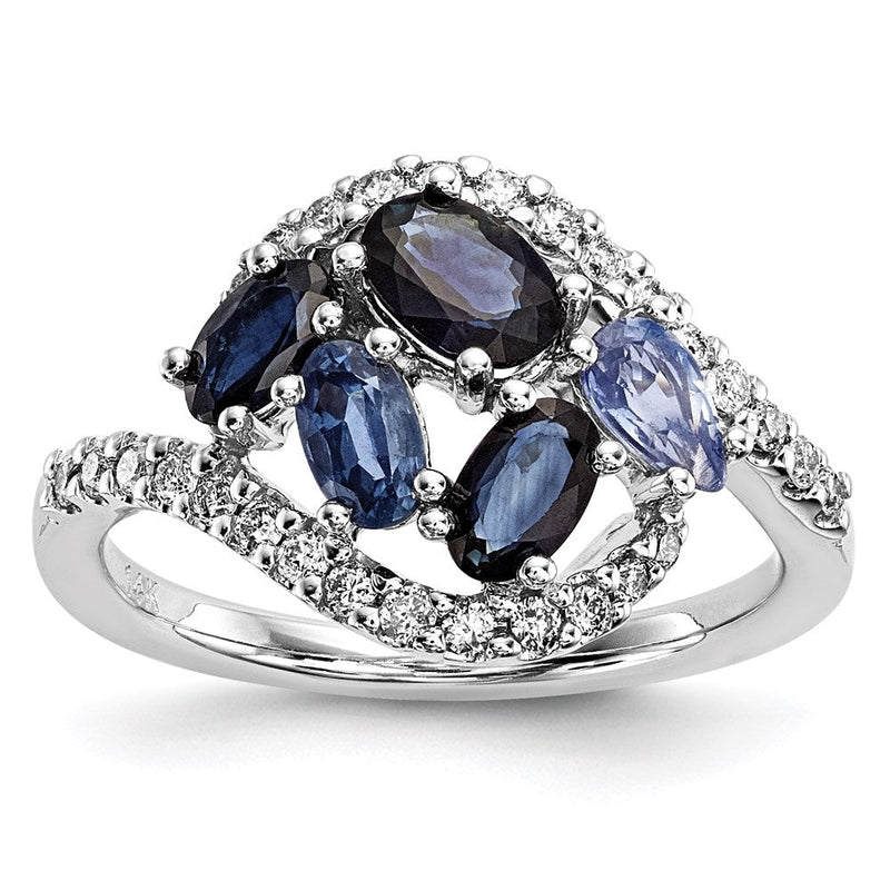 14K Weißgold Echt Diamant und Dunkel/light Blau Saphir Poliert Ring