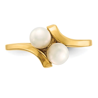 14K Gelbgold Ring mit 4-5 mm weißen Button-Süßwasser-Zuchtperlen (2 Perlen)