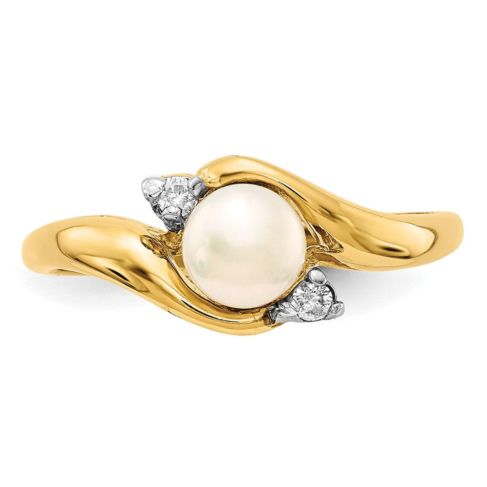 14K Gelbgold 5-6mm Weiß Knopf Süßwasser Zuchtperle.04tw Echt Diamant Ring