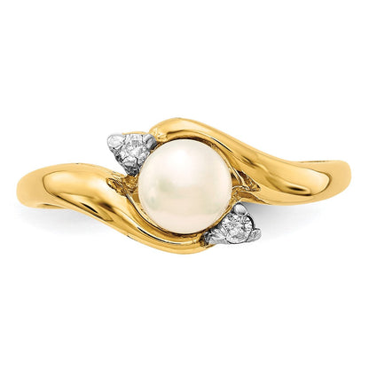 14K Gelbgold 5-6mm Weiß Knopf Süßwasser Zuchtperle.04tw Echt Diamant Ring