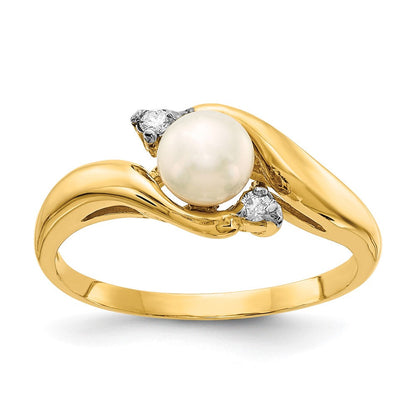 14K Gelbgold 5-6mm Weiß Knopf Süßwasser Zuchtperle.04tw Echt Diamant Ring