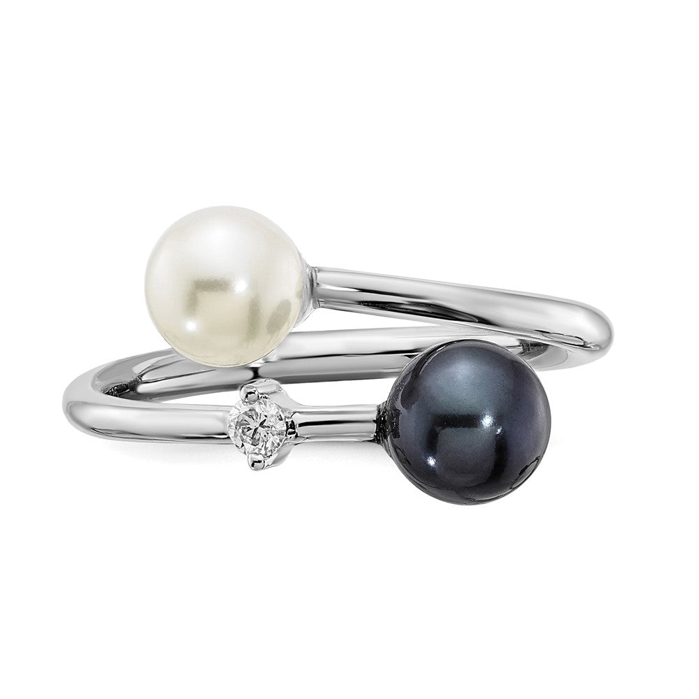 14K Weißgold 5-6mm Rund Schwarz & Weiß Salzwasser Akoya Perle Diamant. Adj. Ring