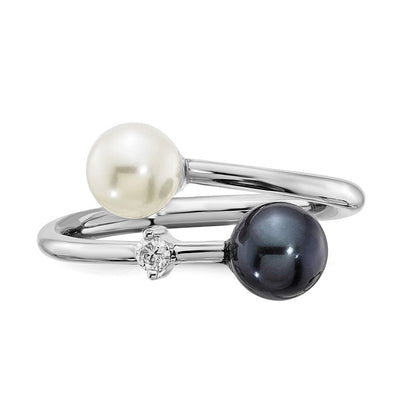 14K Weißgold 5-6mm Rund Schwarz & Weiß Salzwasser Akoya Perle Diamant. Adj. Ring
