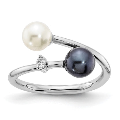 14K Weißgold 5-6mm Rund Schwarz & Weiß Salzwasser Akoya Perle Diamant. Adj. Ring