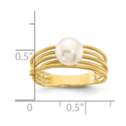 14K Gelbgold Ring mit 7-8 mm runden weißen Süßwasserzuchtperlen, gebürstet