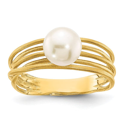 14K Gelbgold Ring mit 7-8 mm runden weißen Süßwasserzuchtperlen, gebürstet