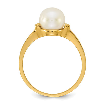 14K Gelbgold Poliert 7-8mm Knopf Süßwasser Zuchtperle Größe 7 Ring