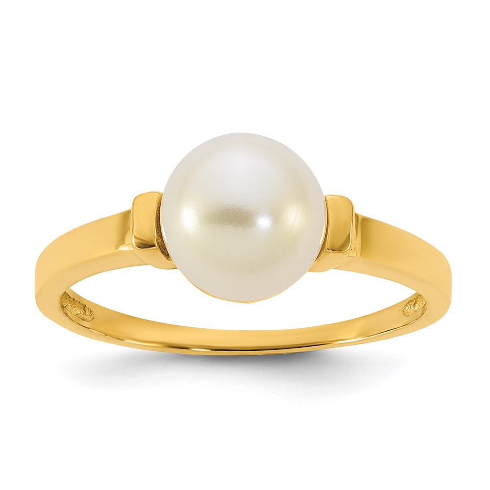 14K Gelbgold Poliert 7-8mm Knopf Süßwasser Zuchtperle Größe 7 Ring