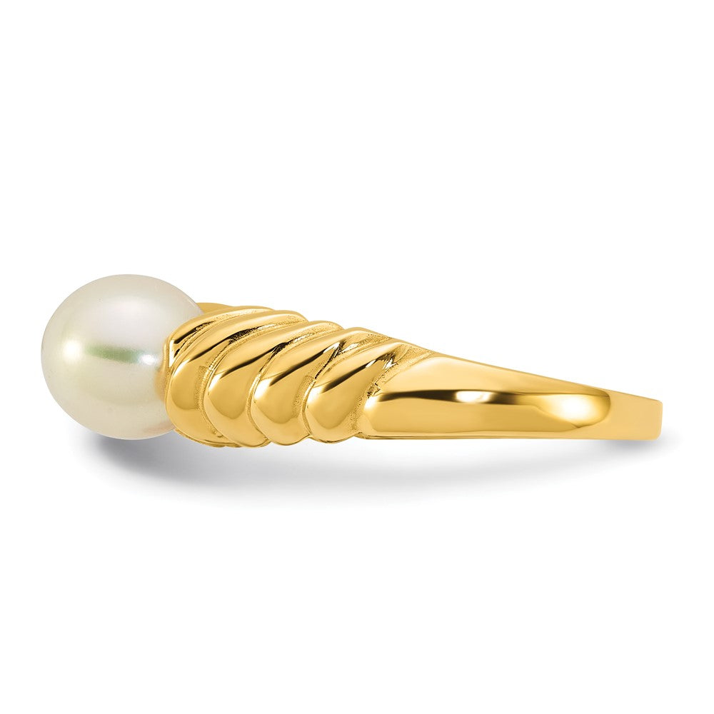14K Gelbgold Poliert 6-7mm Rund Süßwasser Zuchtperle Größe 7 Gewellt Shank Ring