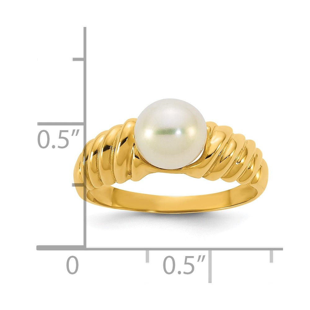14K Gelbgold Poliert 6-7mm Rund Süßwasser Zuchtperle Größe 7 Gewellt Shank Ring