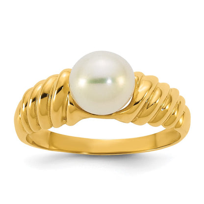 14K Gelbgold Poliert 6-7mm Rund Süßwasser Zuchtperle Größe 7 Gewellt Shank Ring