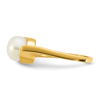14K Gelbgold Poliert 7-8mm Knopf Süßwasser Zuchtperle Größe 7 Quadratisch Shank Ring