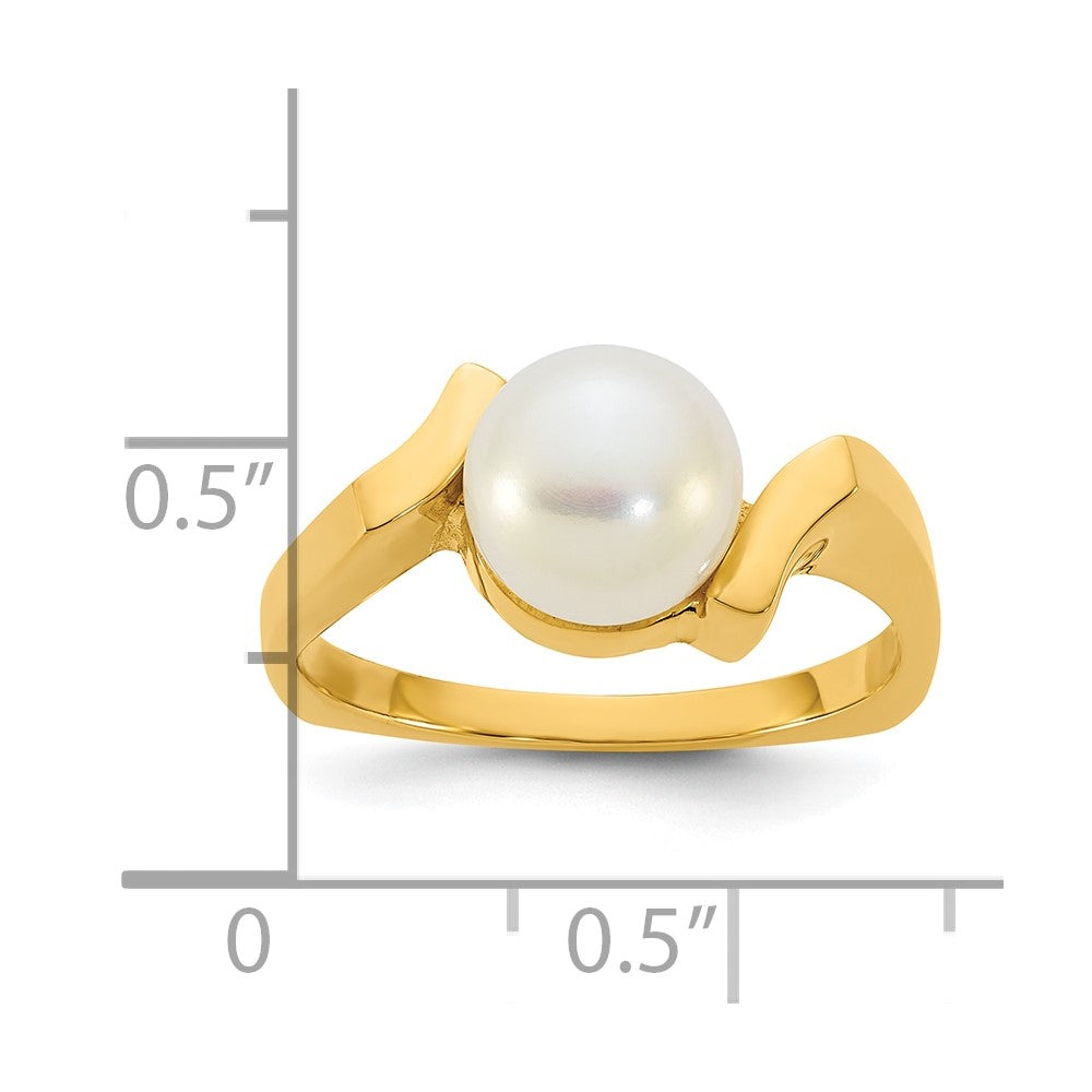 14K Gelbgold Poliert 7-8mm Knopf Süßwasser Zuchtperle Größe 7 Quadratisch Shank Ring
