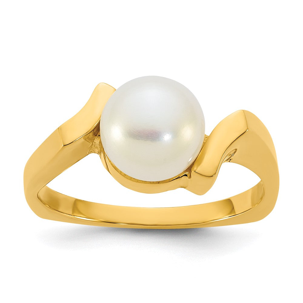 14K Gelbgold Poliert 7-8mm Knopf Süßwasser Zuchtperle Größe 7 Quadratisch Shank Ring