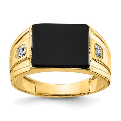 14K Gelbgold Herren Echt Diamant und Schwarz Onyx Siegel Ring