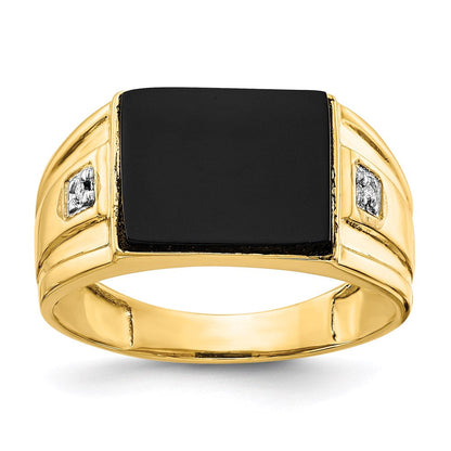 10K Gelbgold Herren Echt Diamant und Schwarz Onyx Siegel Ring