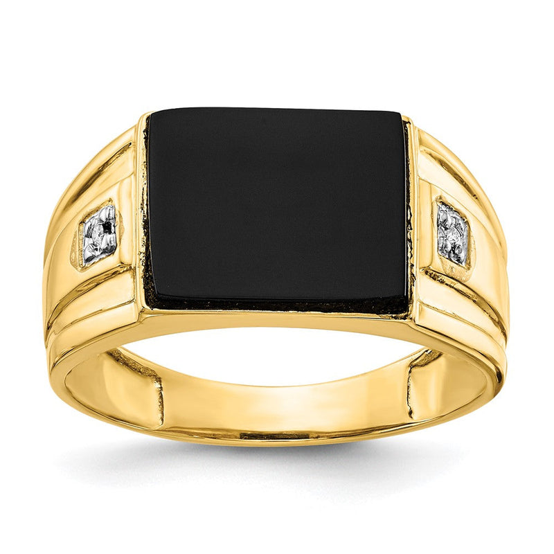 Herren-Siegelring aus massivem 14K Gelbgold mit natürlichem Diamant und schwarzem Onyx