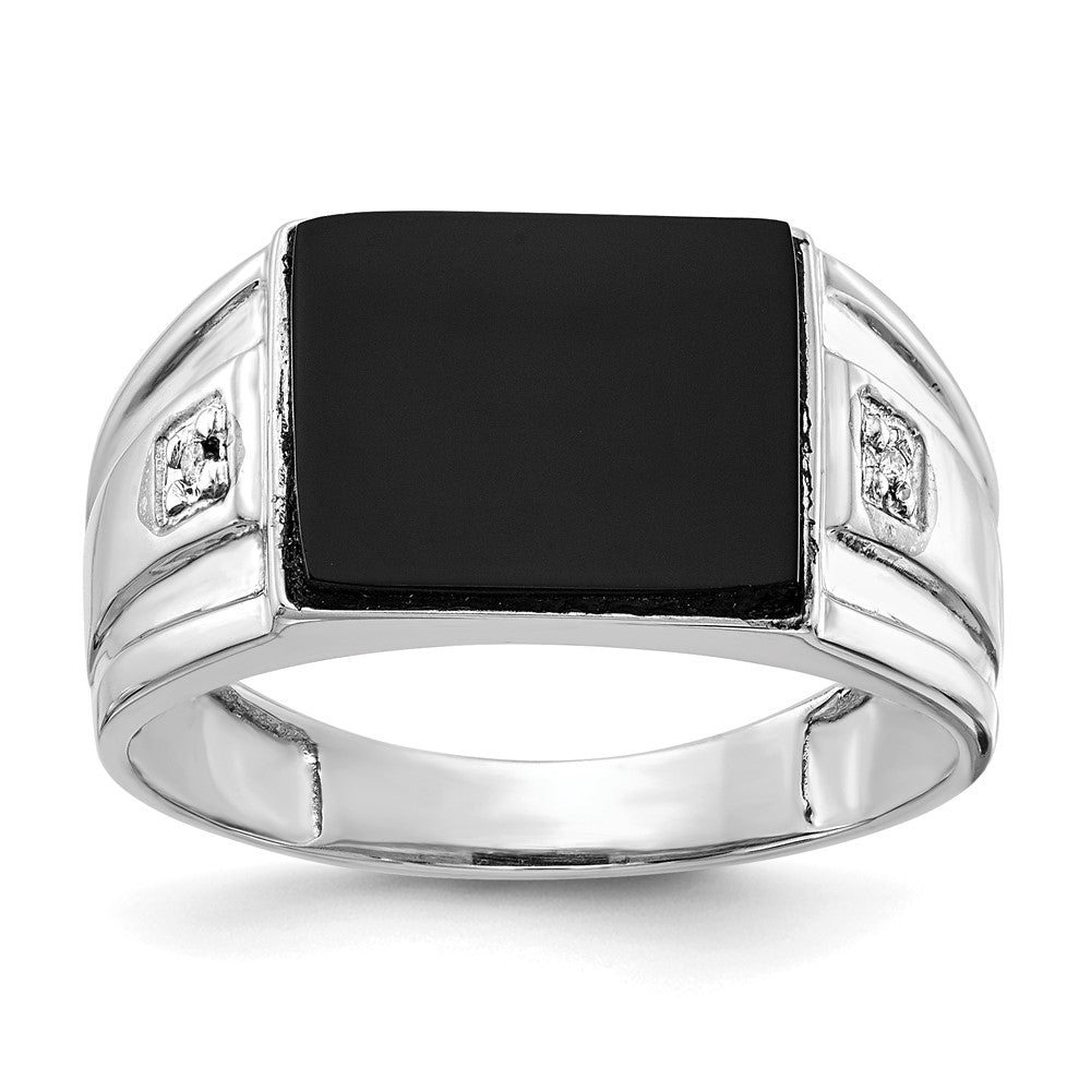 14K Weißgold Herren Siegelring mit echtem Diamant und schwarzem Onyx
