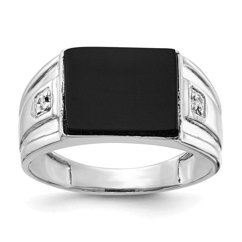 14K Weißgold Herren Siegelring mit echten Diamanten und schwarzem Onyx