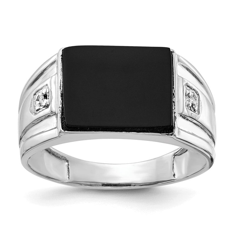 Herrenring aus massivem 14K Weißgold mit echtem Diamant und Onyx