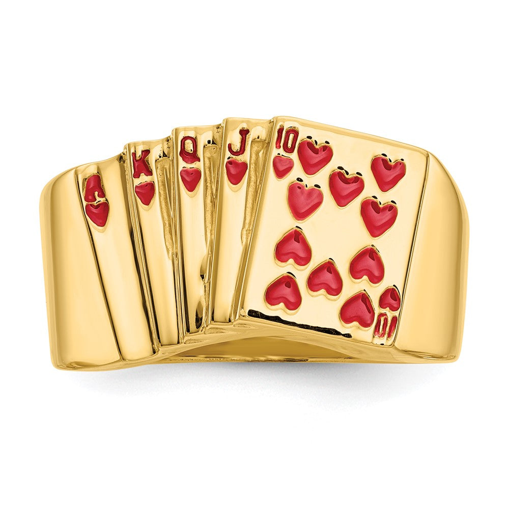 14K Gelbgold Herrenring mit Emaille-Design „Royal Flush in Hearts“