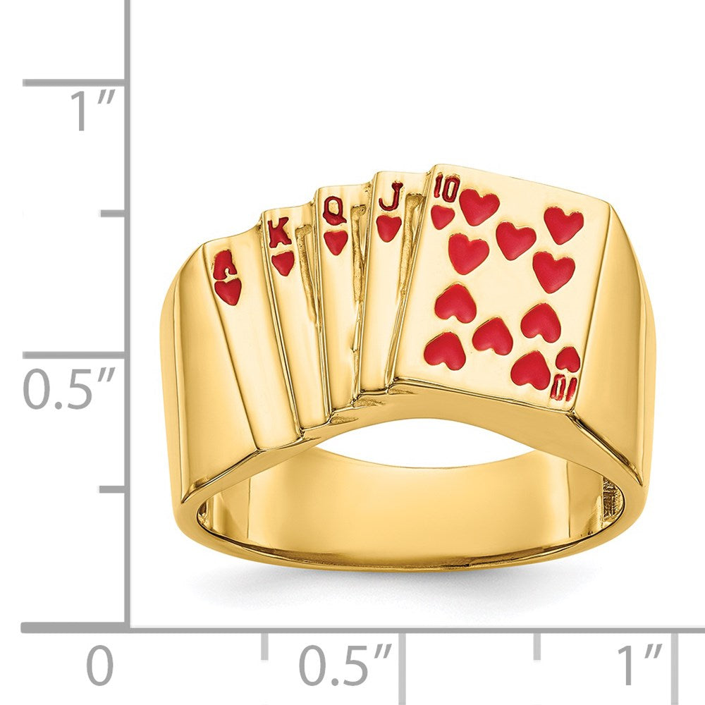 14K Gelbgold Herrenring mit Emaille-Design „Royal Flush in Hearts“