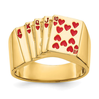 14K Gelbgold Herrenring mit Emaille-Design „Royal Flush in Hearts“