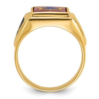 Herren-Freimaurerring aus massivem 14K Gelbgold mit synthetischem simuliertem Rubin