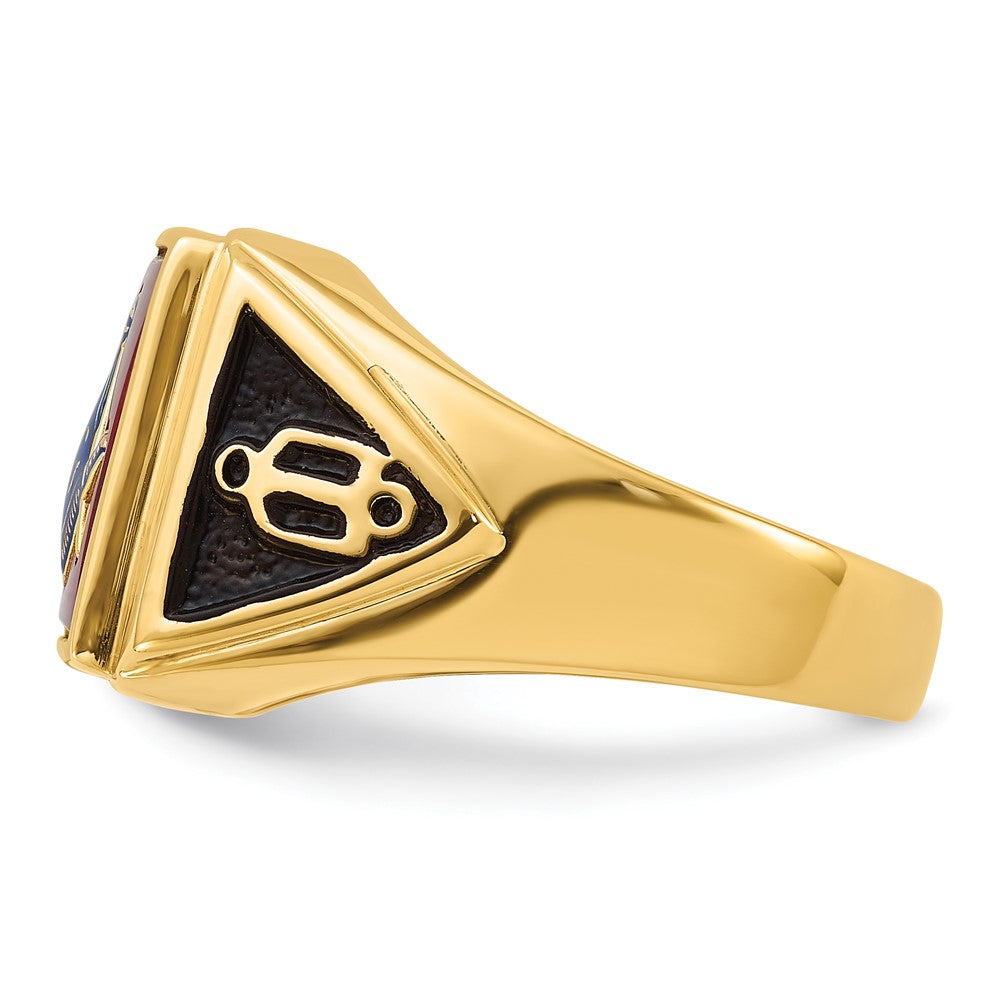 Herren-Freimaurerring aus massivem 14K Gelbgold mit synthetischem simuliertem Rubin