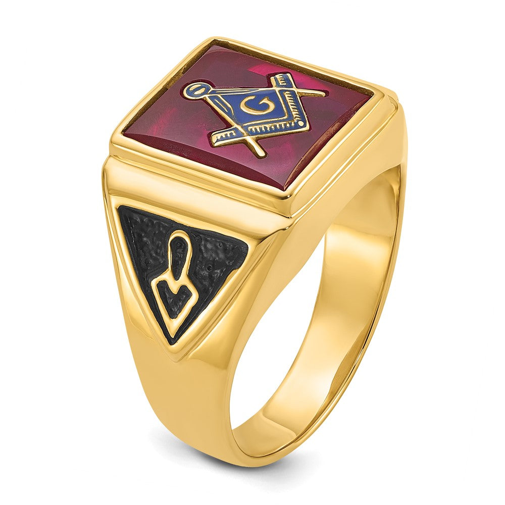 Herren-Freimaurerring aus massivem 14K Gelbgold mit synthetischem simuliertem Rubin