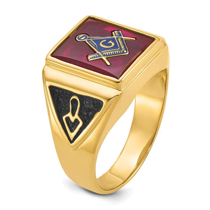 Herren-Freimaurerring aus massivem 14K Gelbgold mit synthetischem simuliertem Rubin