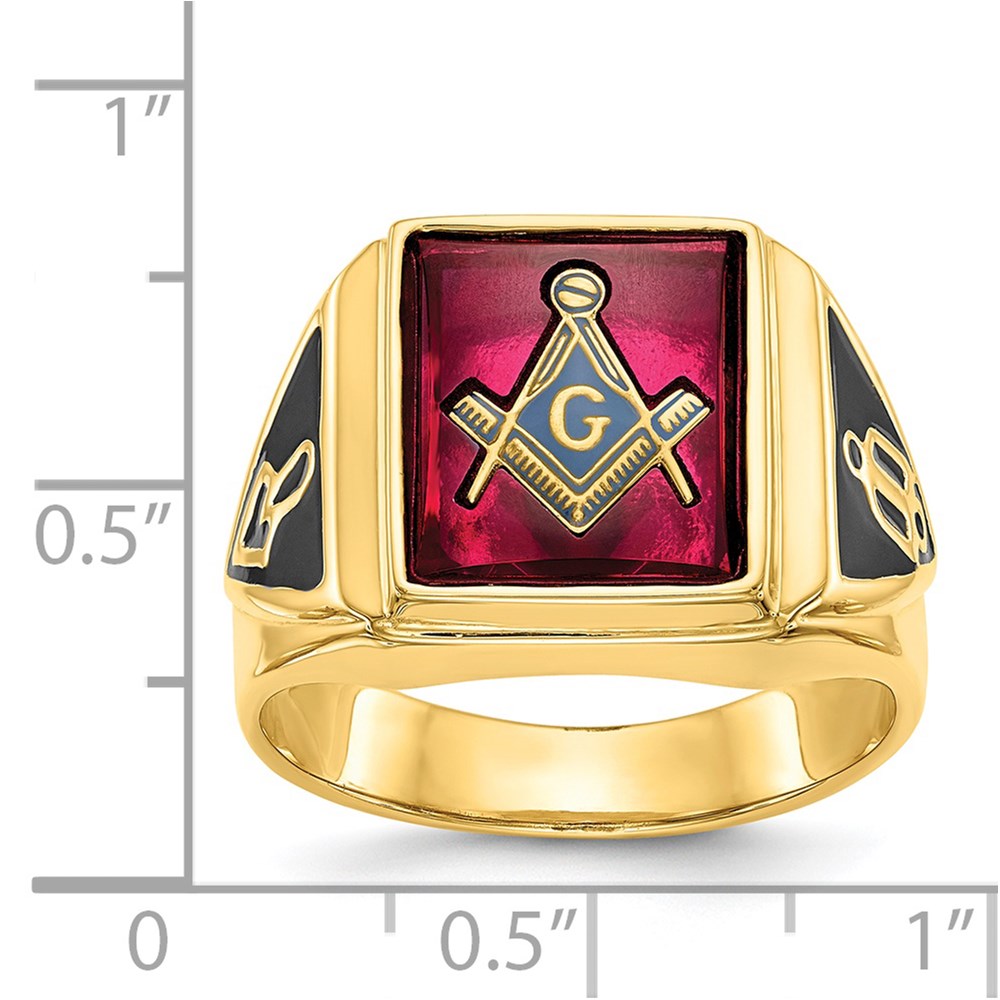 Herren-Freimaurerring aus massivem 14K Gelbgold mit synthetischem simuliertem Rubin