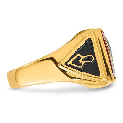 Herren-Freimaurerring aus massivem 14K Gelbgold mit synthetischem simuliertem Rubin