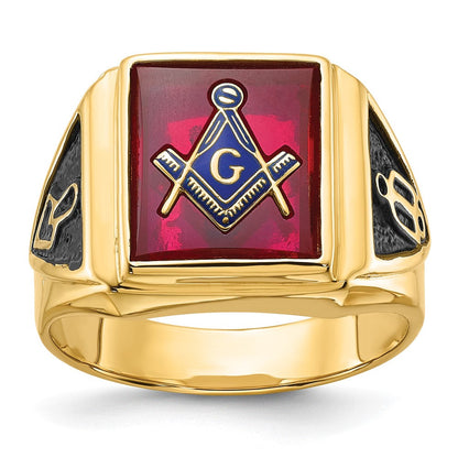 Herren-Freimaurerring aus massivem 14K Gelbgold mit synthetischem simuliertem Rubin