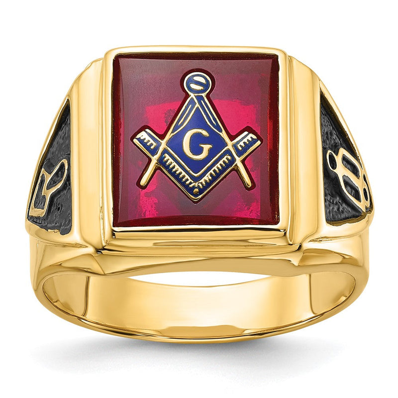 Herren-Freimaurerring aus massivem 14K Gelbgold mit synthetischem simuliertem Rubin