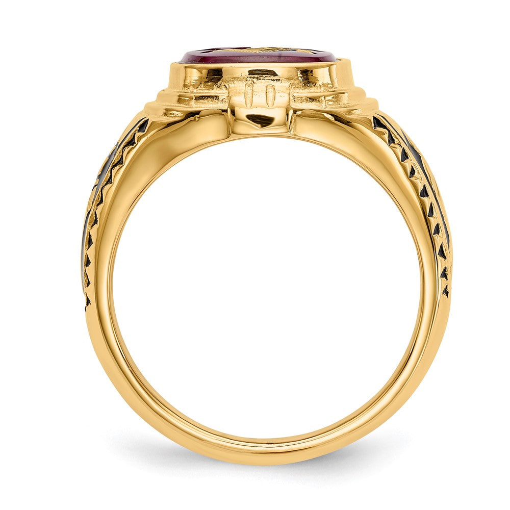 Herrenring aus massivem 14K Gelbgold mit synthetischem simuliertem Rubin, Freimaurer-Design