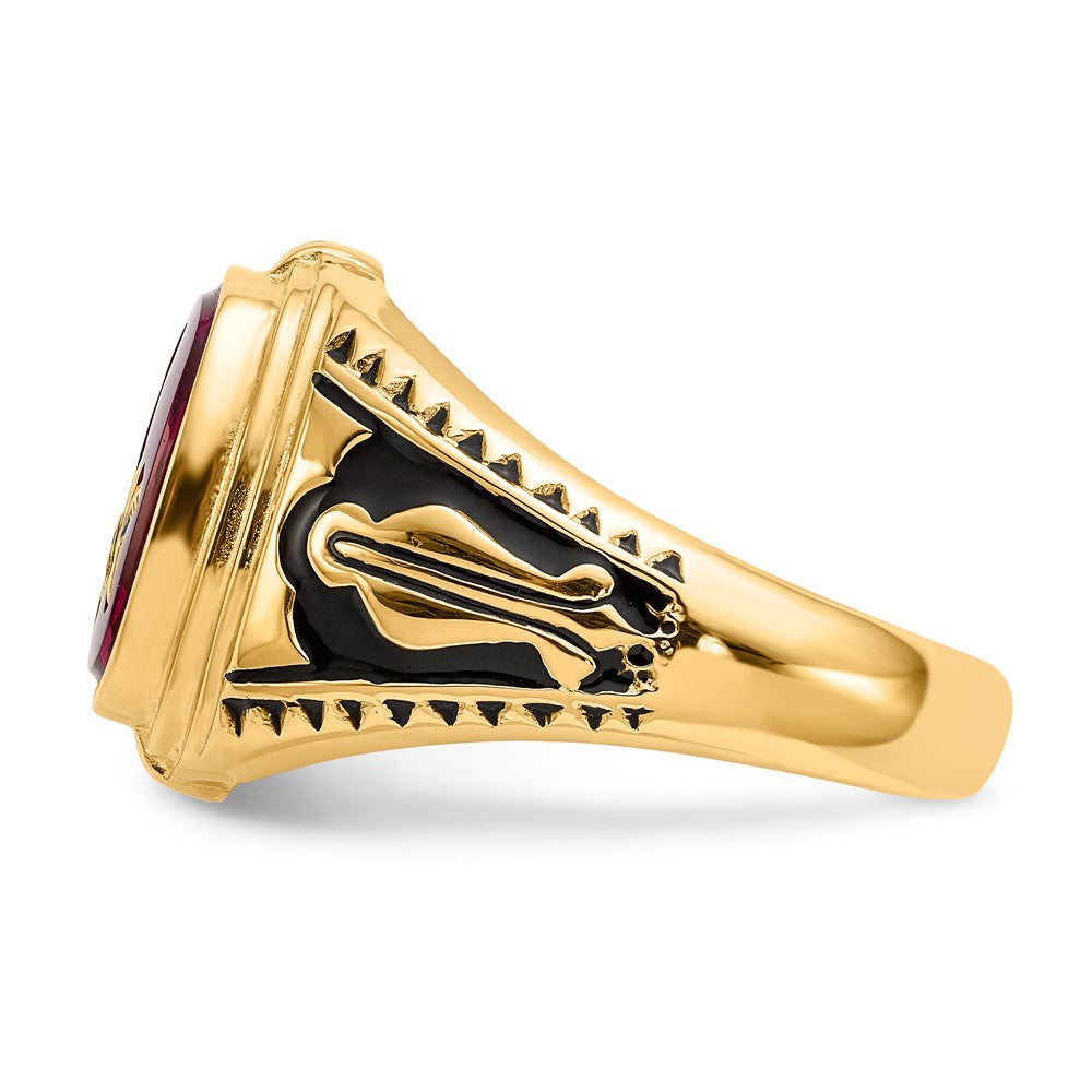 Herrenring aus massivem 14K Gelbgold mit synthetischem simuliertem Rubin, Freimaurer-Design