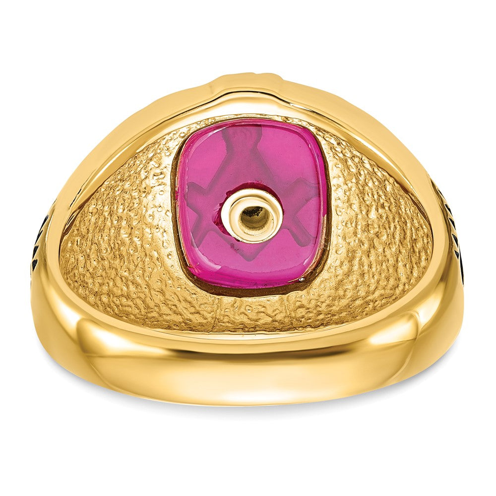 Herrenring aus massivem 14K Gelbgold mit synthetischem simuliertem Rubin, Freimaurer-Design